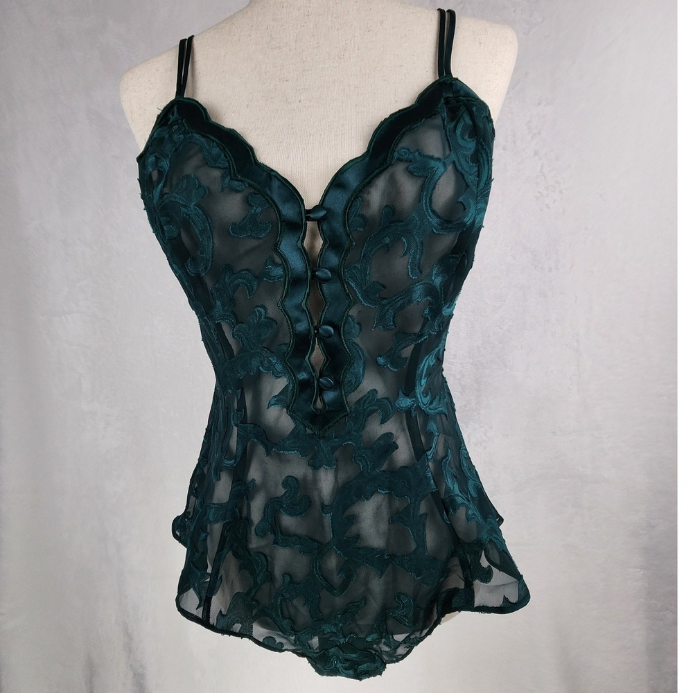 Victoria's Secret Plunging Bodysuit Womens M Green Sheer Embroidered Mesh Damask